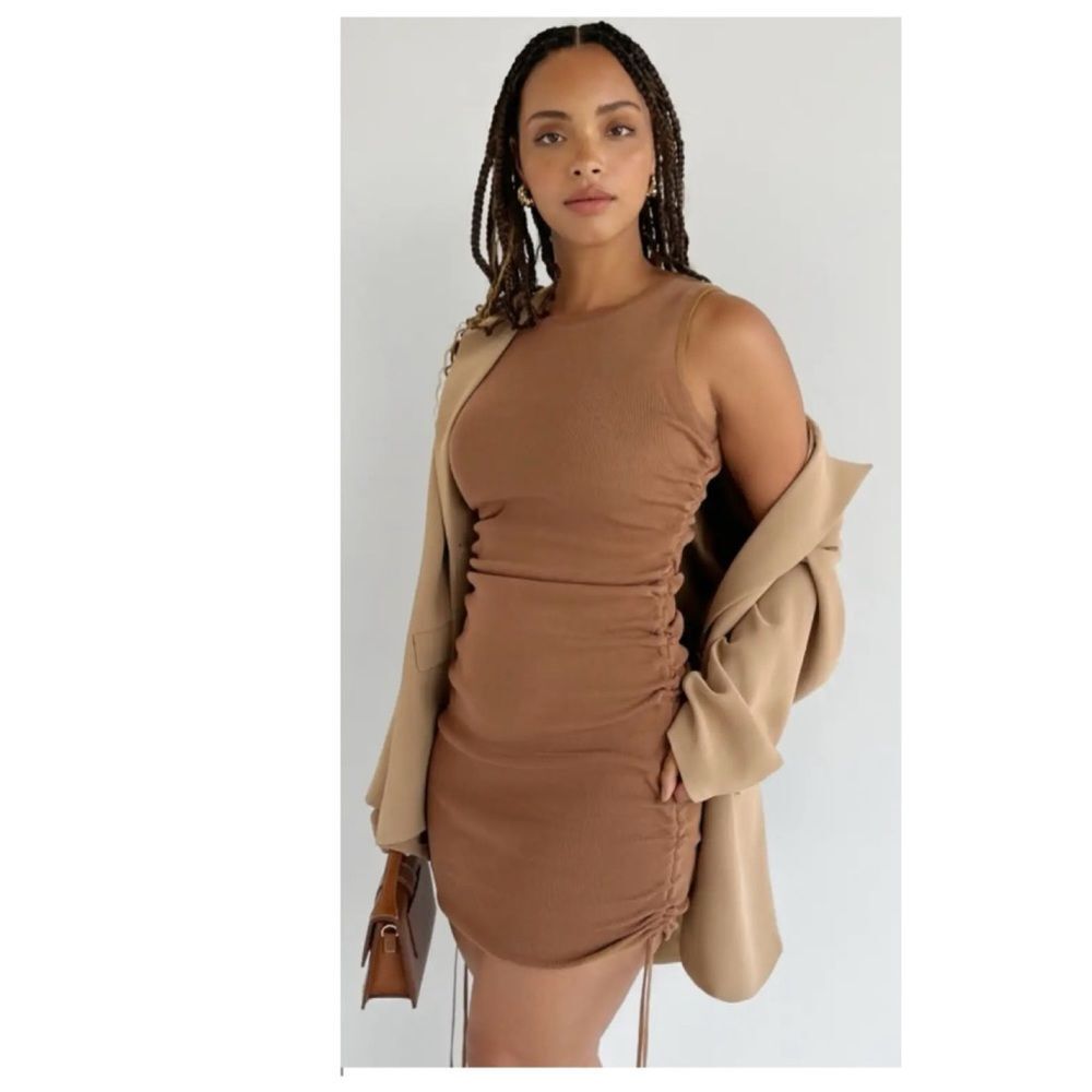 Lioness Military Minds Ruched Mini Dress in Camel XS NWOT
